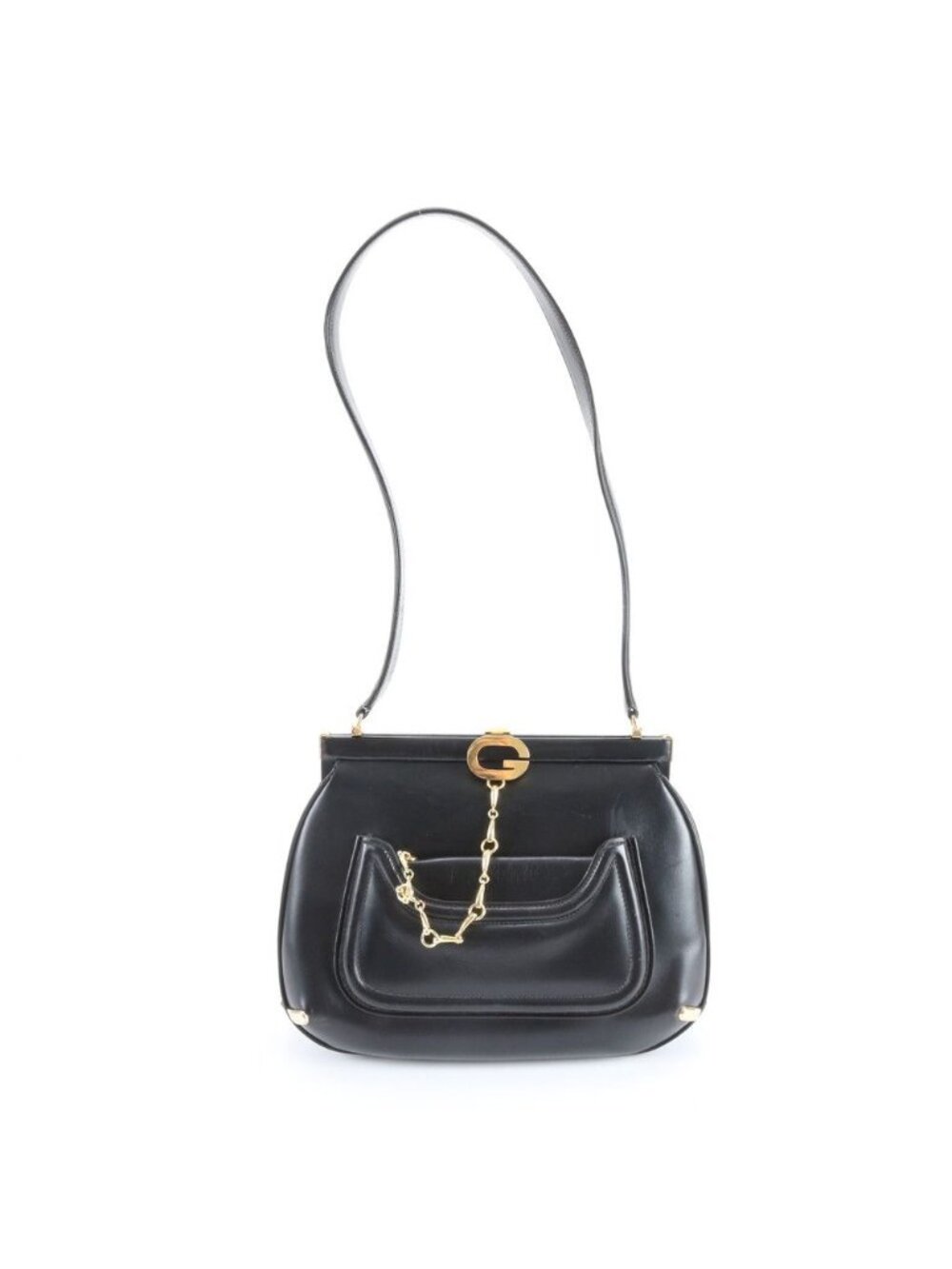 Gucci Vintage Leather Shoulder Bag Black Gold Rem